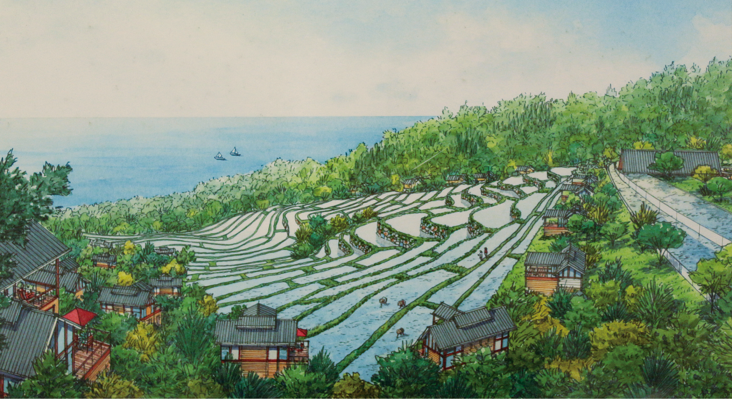 棚田の風景イラスト